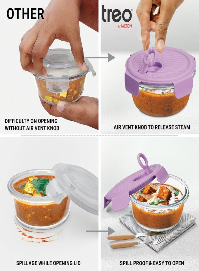 تريو حاويات زجاجية دائرية من البوروسيليكات من تريو باي ميلتون لومينو فريش، سعة 400 مل، للاستخدام في المطبخ | آمنة للاستخدام في الميكروويف | مانعة للتسرب مع غطاء مزود بفتحة تهوية | 400 مل، طقم من قطعة واحدة، لون بنفسجي - Image 3